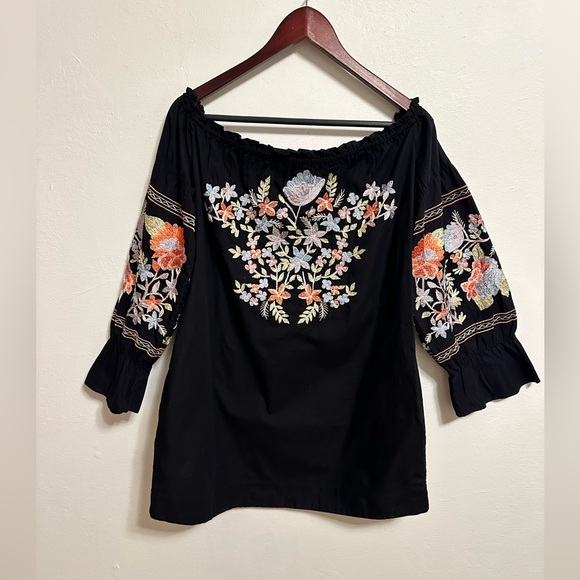 Free People Fleur Du Jour Black Floral Embroidered Off Shoulder Dress XS - Picture 4 of 12